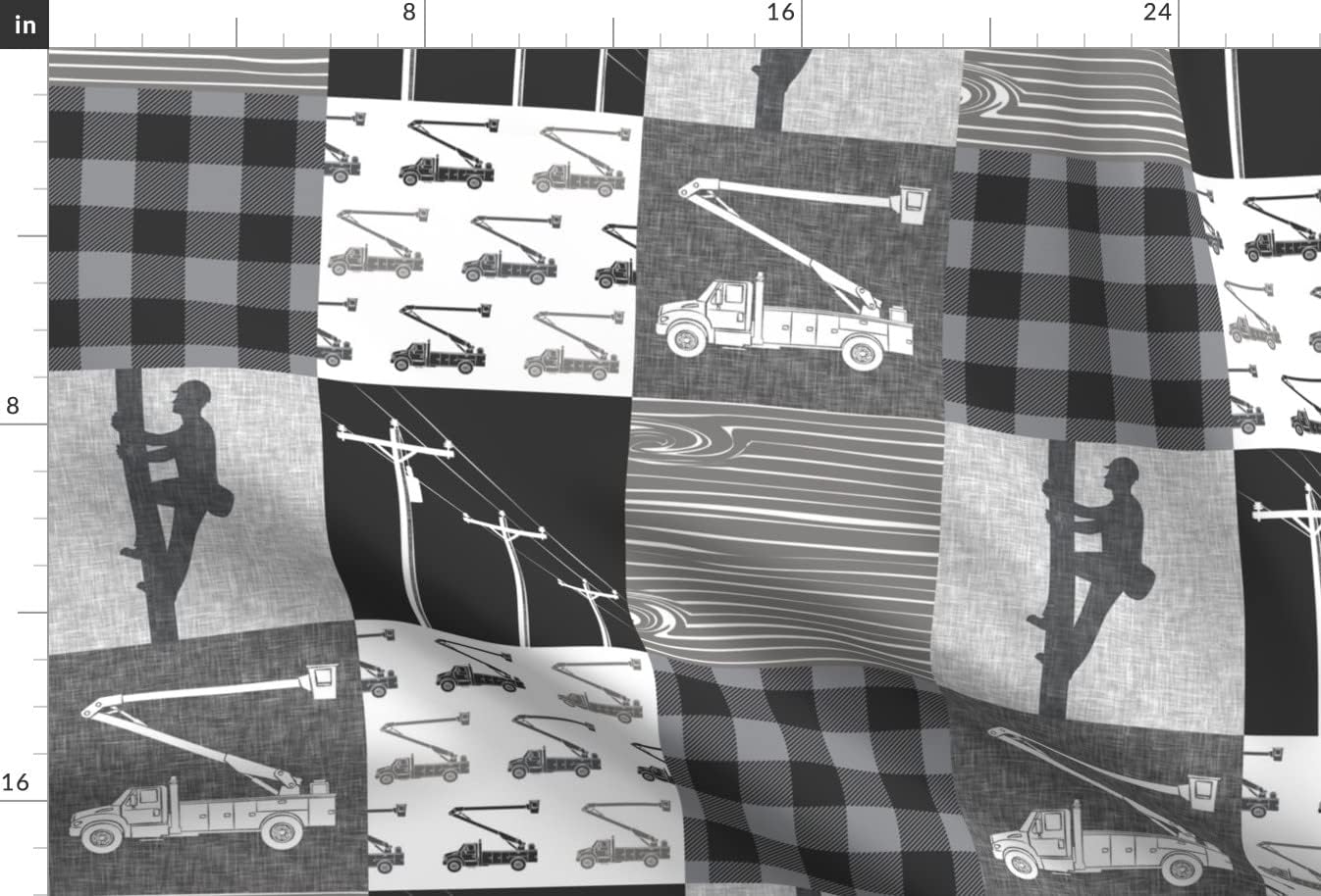 Spoonflower Fabric - Lineman Patchwork Quilt Top Wholecloth Cheater Bucket Trucks Buffalo Printed on Upholstery Velvet Fabric Fat Quarter - Upholstery Home Decor Bottomweight Apparel