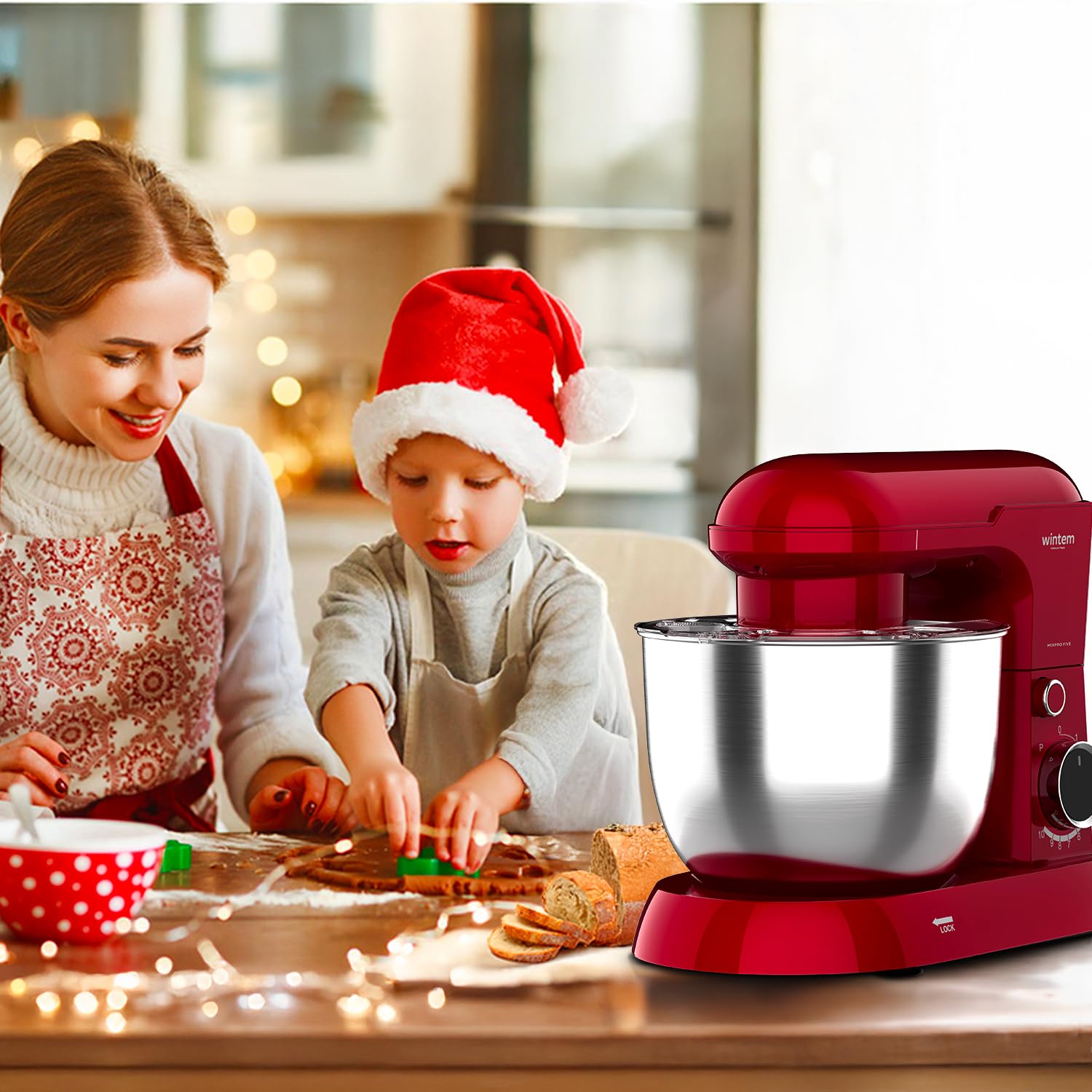 Avilia Impastatrice Planetaria Ciotola in Acciaio 5L Rosso - 15000W e 10 Velocità - Silenziosa e Classe di Protezione II - Include Gancio a Uncino per Impasti, Battitore e Frusta