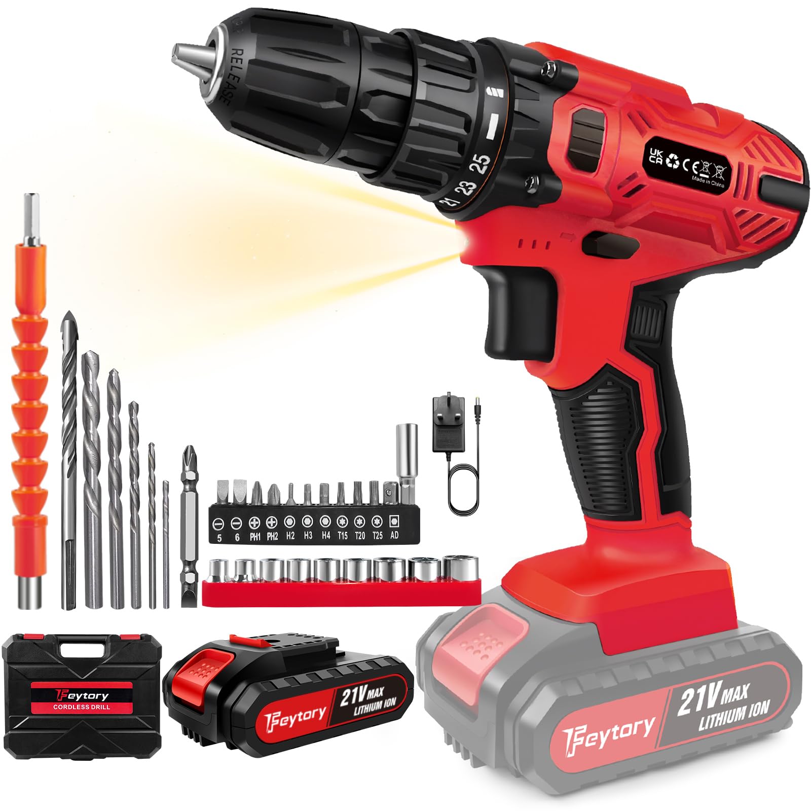 Huini 21V Cordless Drill,Electric Drill Set,45Nm Cordless Combi Drill with 25+1 Torque Setting,Large LI-ion Battery,29PCS Accessories,2 Variable Speed, LED Work Light,Home and Garden DIY Project Kit
