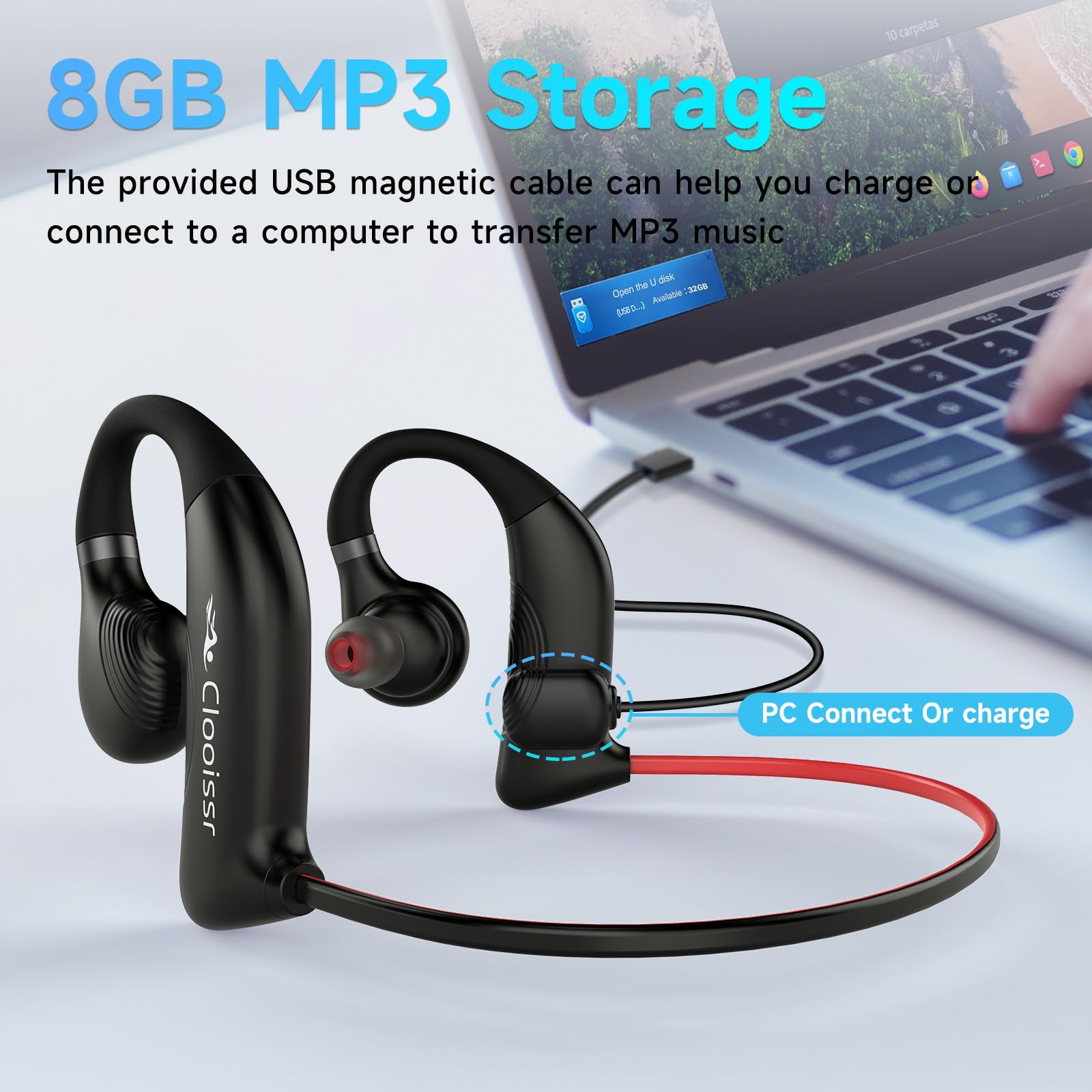 Auricolari impermeabili IPX8 per nuoto, cuffie subacquee con lettore MP3 e Bluetooth, suono HiFi e cancellazione del rumore, design in-ear per nuoto, corsa e ciclismo (8 GB)