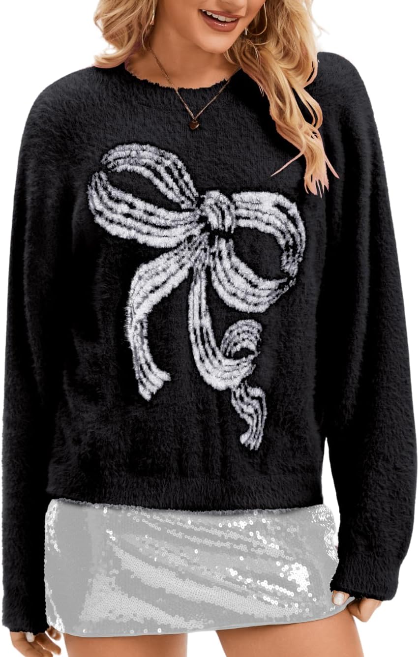 Cute Bow Sweater,Soft Fluffy Sweaters for Women,Christmas Holiday Valentines Fuzzy Top