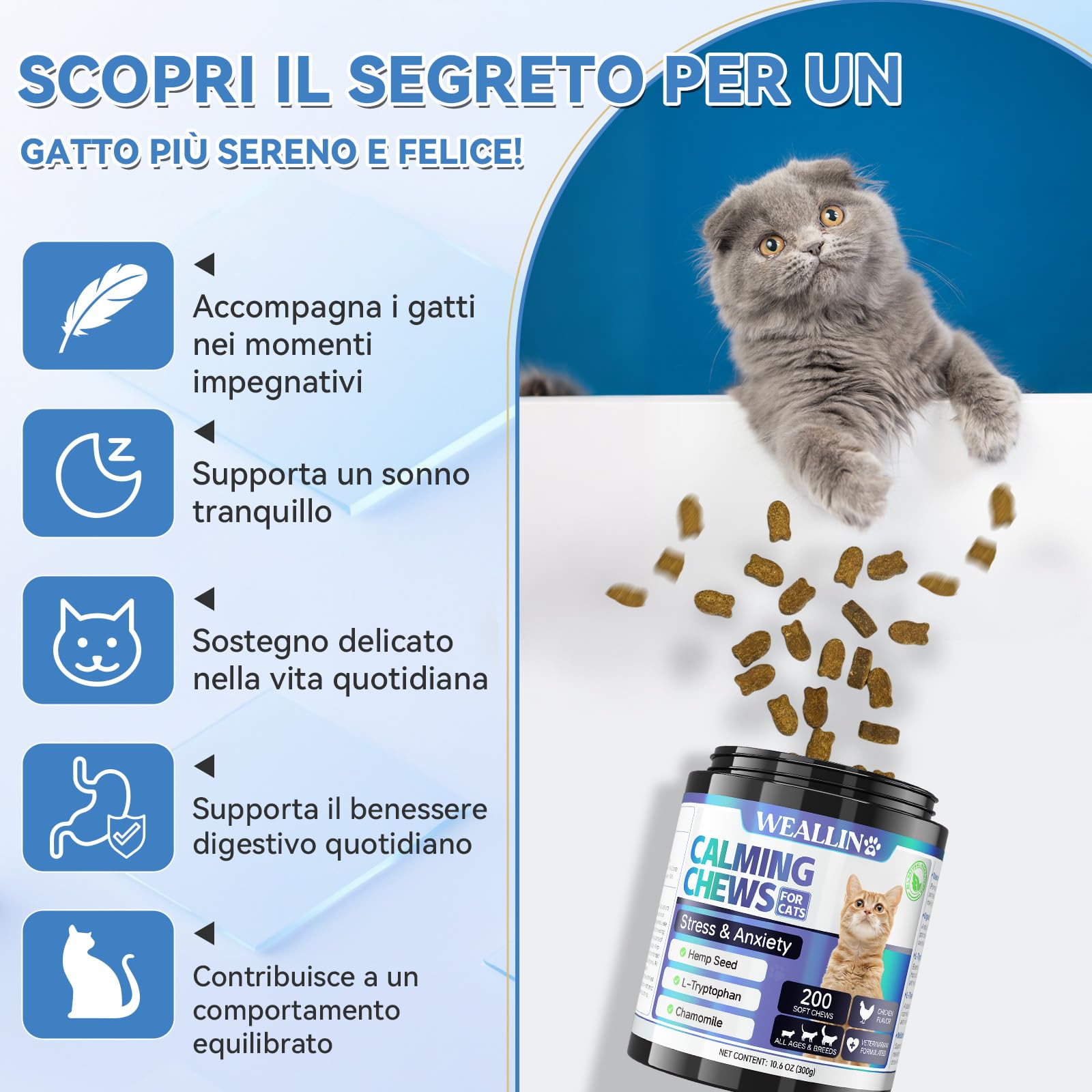 WEALLIN Calmante per Gatti, 200 Snack Naturali per Rilassatezza, Aiuta Contro Agitazione, Separazione, Visite Veterinarie, Viaggi, Suoni Forti, Gusto Pollo per Tutte Le Razze e Dimensioni