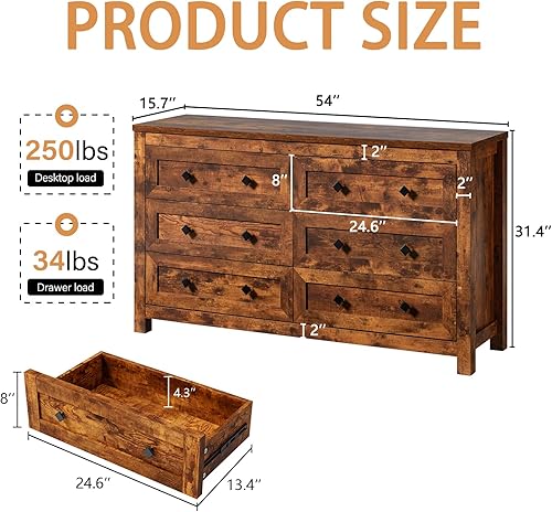 Miniatura 2 de Cómoda rústica de madera con 6 cajones, cómoda rústica de madera para dormitorio, organizador de vestidores, 6 cajones para sala de estar, pasillo,