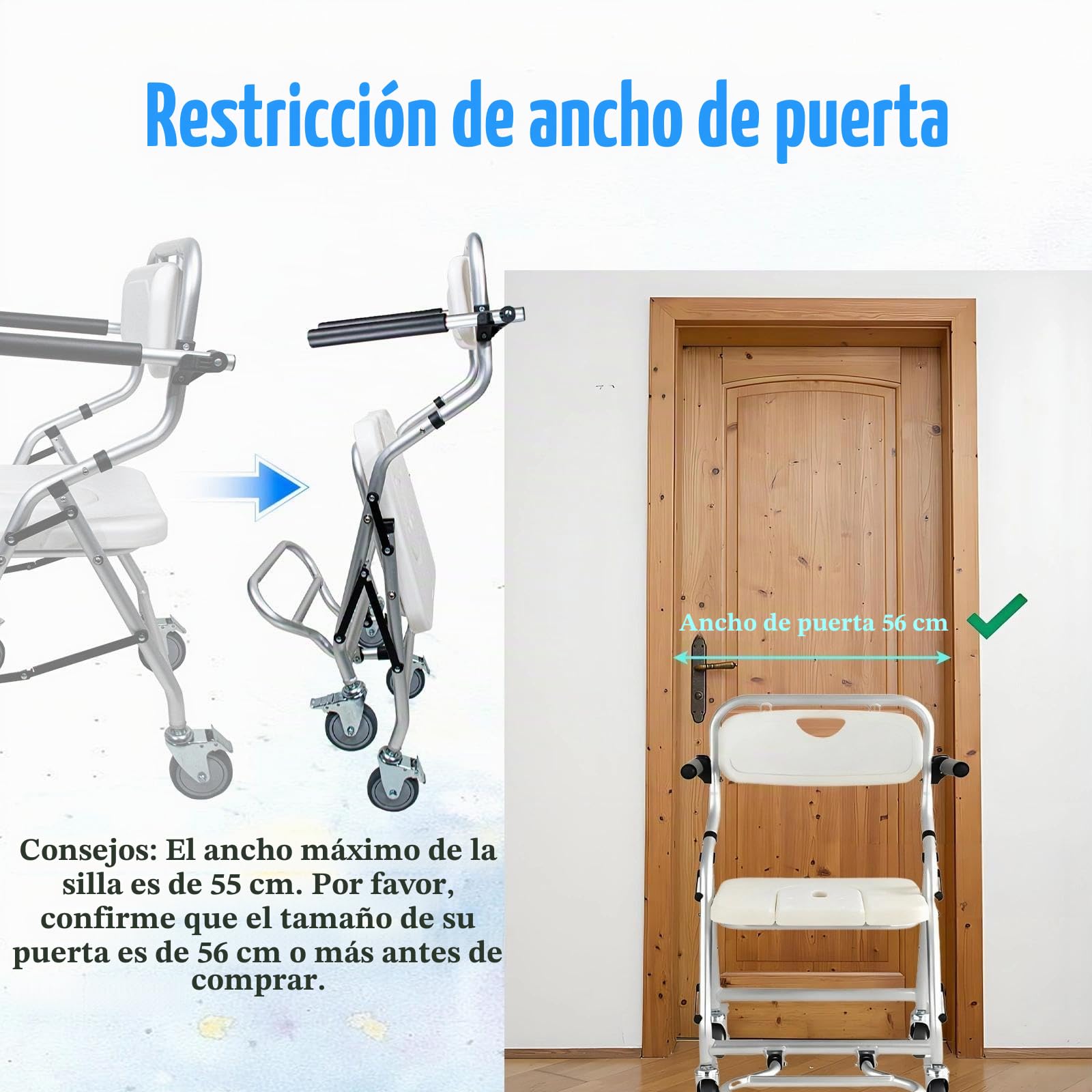 Silla Ducha WC con Ruedas para Personas Mayores, 3 en 1 Taburete de Ducha Plegable con Pies Abatibles, Silla Baño Ancianos Ducha con ReposabrazosCarga, Máxima 120kg