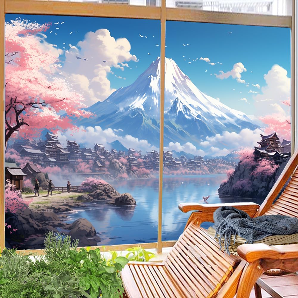 Pellicola per finestre in vetro colorato con paesaggio moderno con alberi di ciliegio, pellicola per la privacy, pellicola per porte in vetro, non adesiva, per camera e cucina, 80 x 120 cm, 2 pezzi