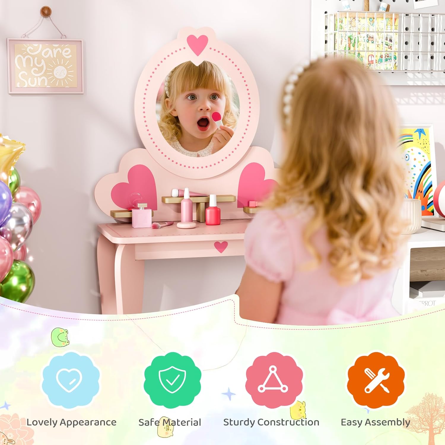 Arlopu Kids Vanity Table and Chair Set, Toddler Pretend Play Dressing Makeup Table with 8 Pcs Accessories, Open Shelves, Mirror&Stool, 2-in-1 Convertible Princess Wooden Toys for Little Girls (Pink)