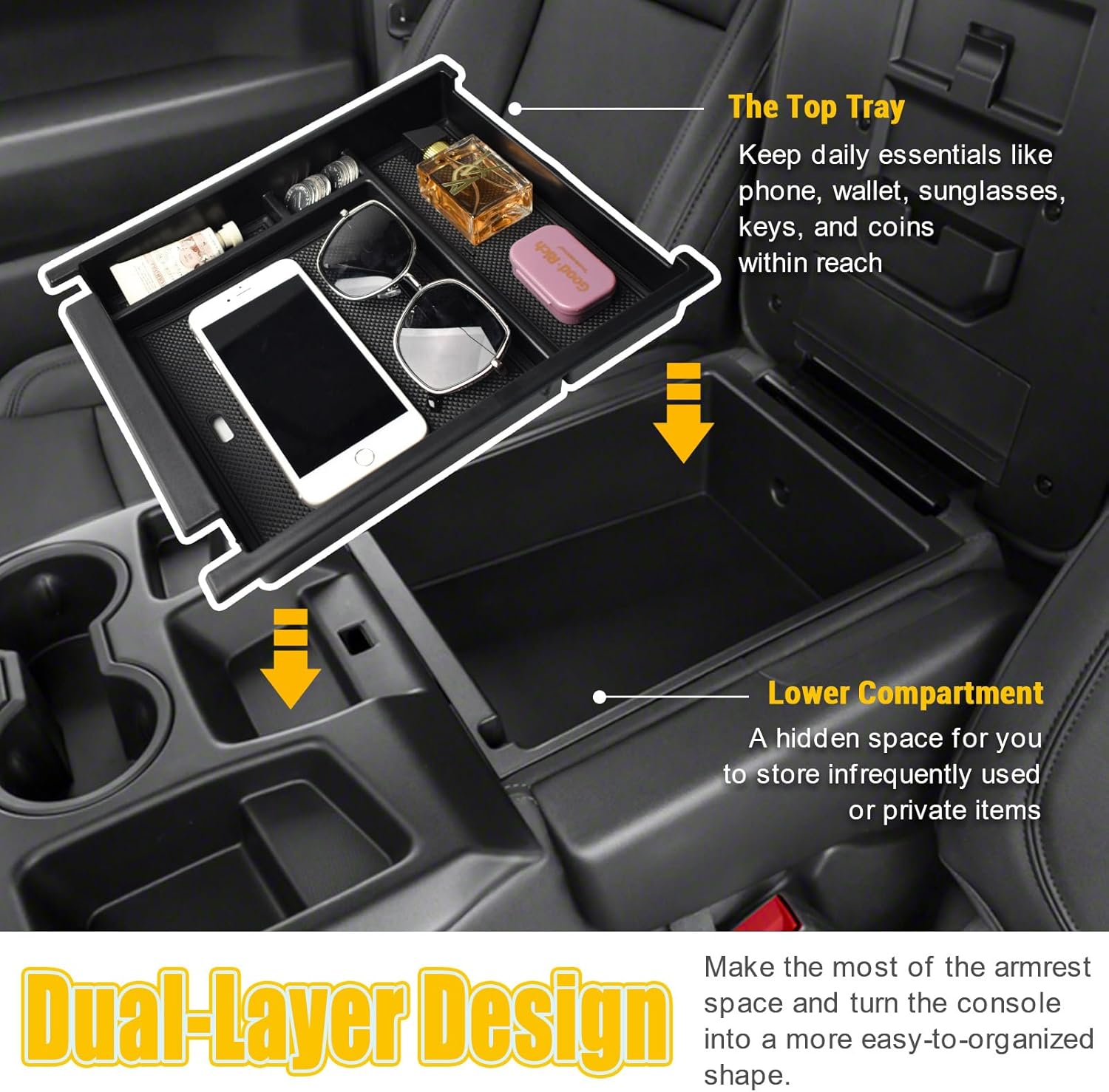 2PCS Center Console Organizer Compatible with 2019-2025 Chevy Silverado/GMC Sierra 1500 & 2020-2025 Silverado/Sierra 2500HD 3500HD Truck Accessories (Split-Bench Folding Seat) Dual-Layer Storage Tray