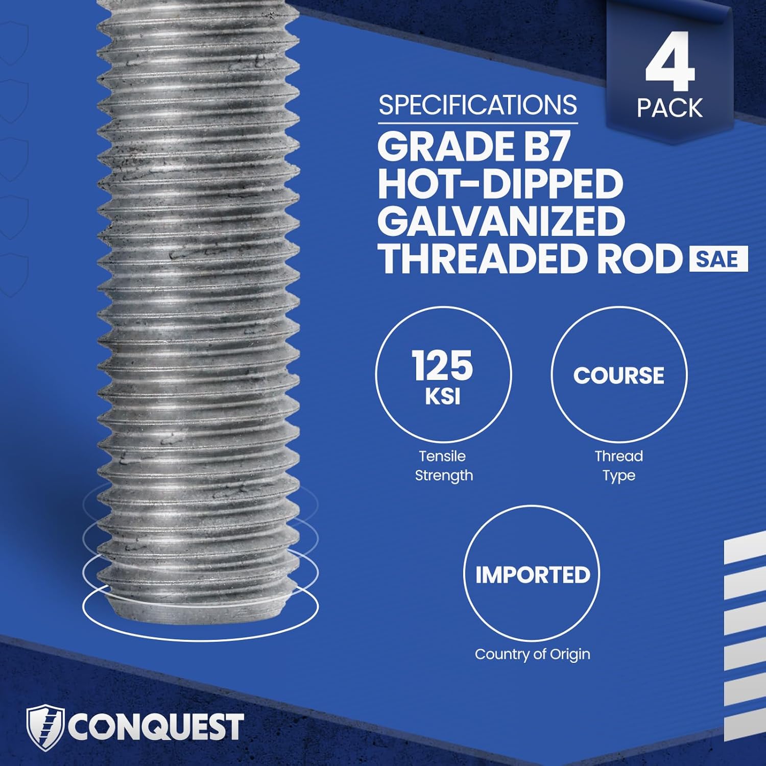Grade B7 Fully Threaded Rod, Hot Dip Galvanized, 3/4" -10 Thread Size, 36" Length, Right Hand Threads