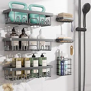 Veken Rustproof & Waterproof Shower Caddy 6-Pack, No Drilling Adhesive Shelves Rack with Soap Holder, Large Capacity Bathroom Organizers and Storage, Wall-Mounted Kitchen & Home Decor, Dark Grey