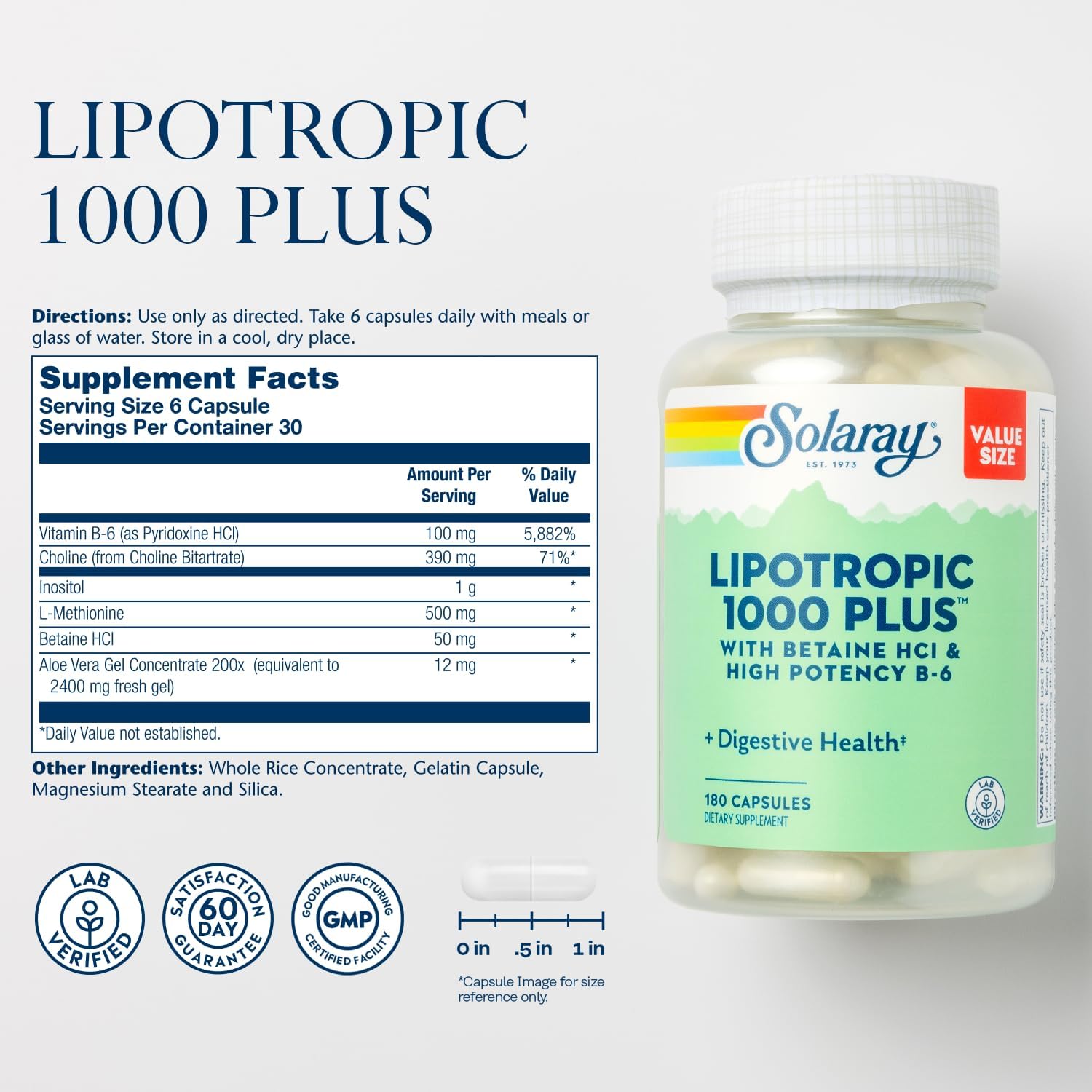 SOLARAY Lipotropic 1000 Plus with Betaine HCl & High Potency B-6, Healthy Digestion, Energy, and Fat Metabolism Support, Lipotropic Complex Plus Aloe Vera, 60 Day Guarantee, 30 Servings, 180 Capsules