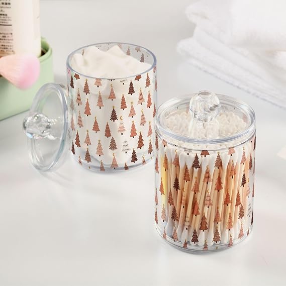 Gredecorグレデコ Qtip ホルダー クリアパステルクリスマスツリー ピンク フォレスト 薬局ジャー 蓋付き アクリル クリスマス 冬 バスルームジャー バニティ キャニスター ストレージオーガナイザー コットンボール 綿棒 パッド フロス用 2個パック