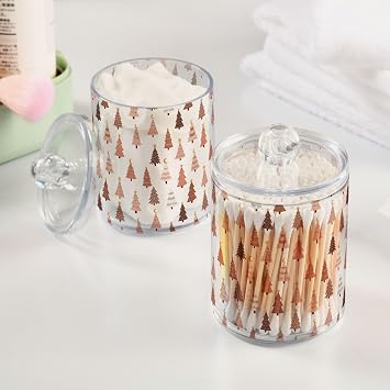 Gredecorグレデコ Qtip ホルダー クリアパステルクリスマスツリー ピンク フォレスト 薬局ジャー 蓋付き アクリル クリスマス 冬 バスルームジャー バニティ キャニスター ストレージオーガナイザー コットンボール 綿棒 パッド フロス用 2個パック