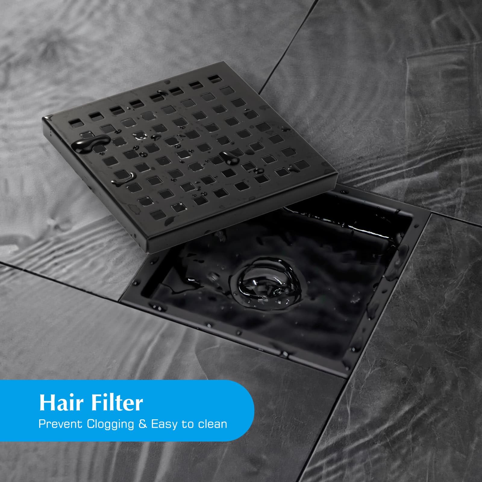 Elefloom Square Shower Drain, Black Shower Drain 6 inch with Flange and Removeable Grate Cover, AISI 304 Stainless Steel Matte Black Shower Floor Drain with Hair Catcher and Flange