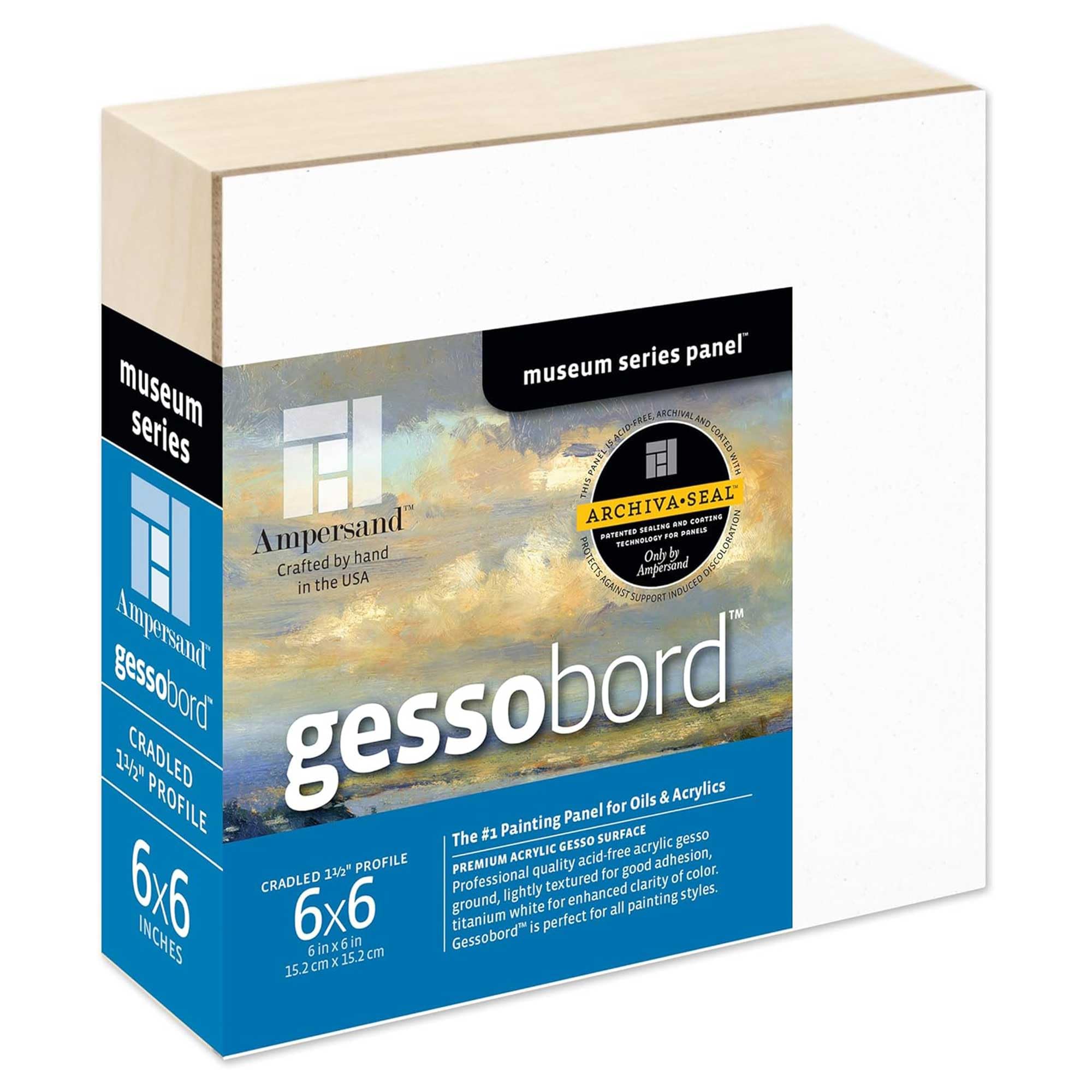 Ampersand Art Supply Gesso Wood Painting Panel: Museum Series Gessobord, 6" x 6", 1-1/2" Cradled Profile