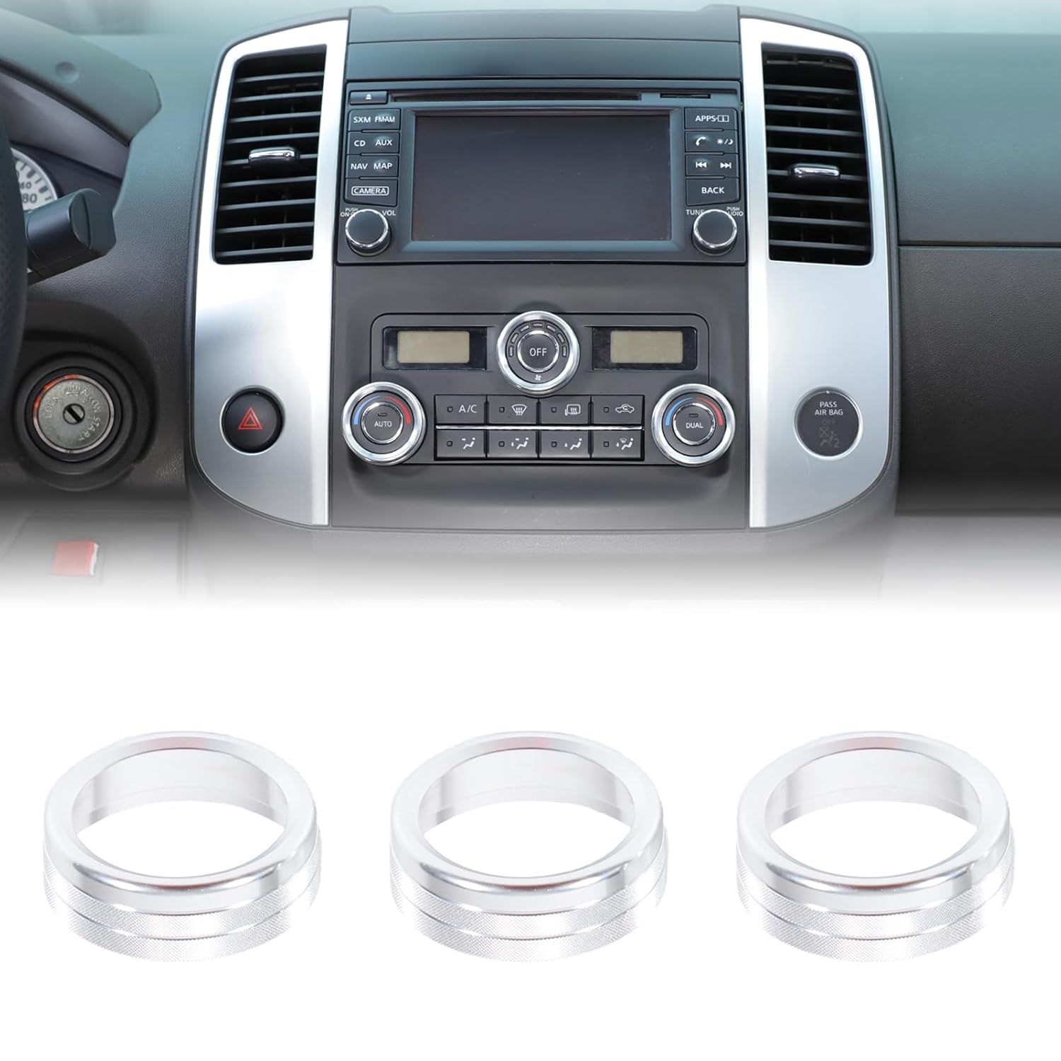 3PCS Car Air Conditioner Switch Button Knob Cover Compatible with Nissan Frontier 2009-2020 Aluminum Alloy AC Button Trims Center Console Knob Trim Car Interior Accessories (Silver)