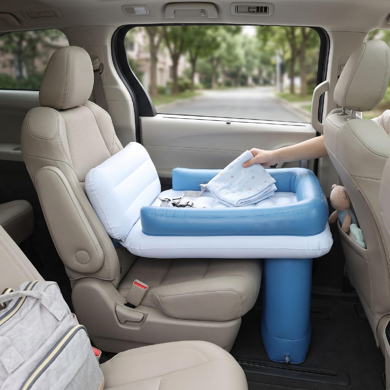 Lit Gonflable de Voyage avec Coussin épais, Bleu | Extension de siège arrière de voiture d'avion, matelas de couchage de voyage pour enfants en bas âge, sac de transport