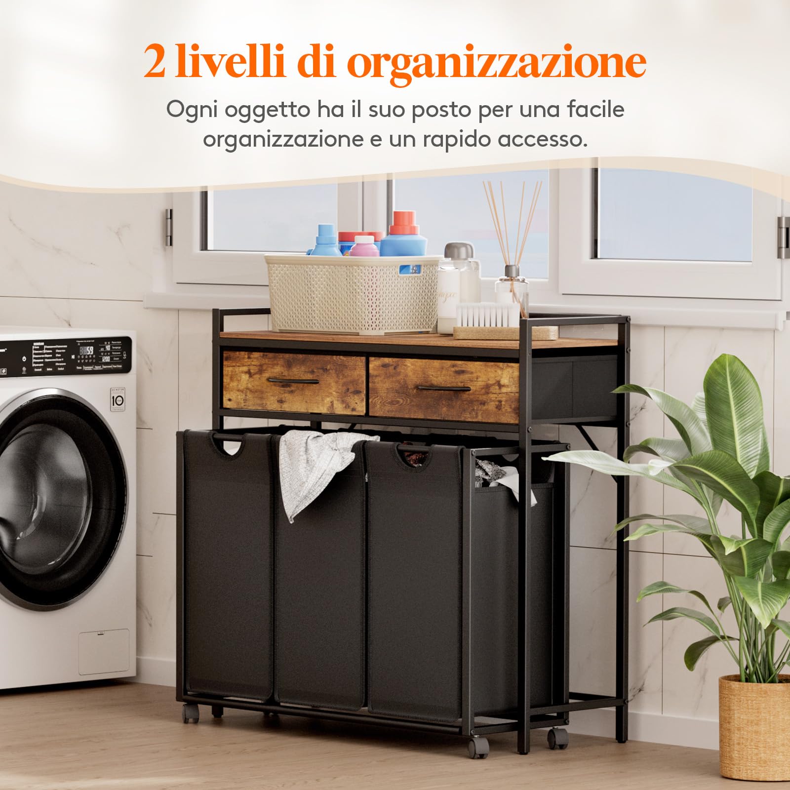 Lifewit Cesto Portabiancheria 3 Scomparti con Ruote 135L, Mobile Biancheria Sporca con 2 Cassetti e 3 Sacco Porta Biancheria in Tessuto Oxford per Lavanderia, Camere da Letto, Bagno, Nero