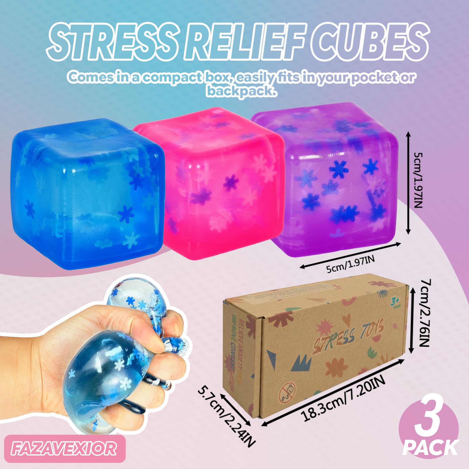 FazaVexior 3-Pack 5cm Squishy Squeeze Toys - Stress Balls, Fidget Toys & Sensory Toys for Kids 3+, Blue, Pink, Purple - Image 2