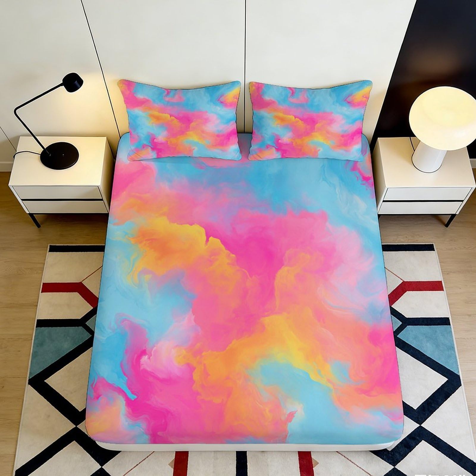 3D Printed Abstract Rainbow Fitted Sheet Microfiber Bedroom Decor Color Splash Mattress Cover for Home Dorm Guest Room 90x200x25cm