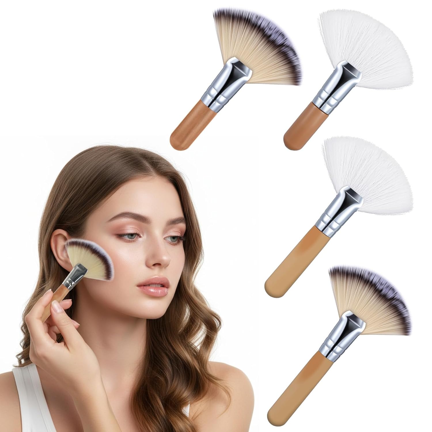 Grevosea 4 Pcs Facial Brushes Esthetician, Fan Brushes Fluffy Makeup Brush Soft Bristle Highlighting Blush with Long and Short Handle for Women Girls Face Cosmetic Makeup Tools