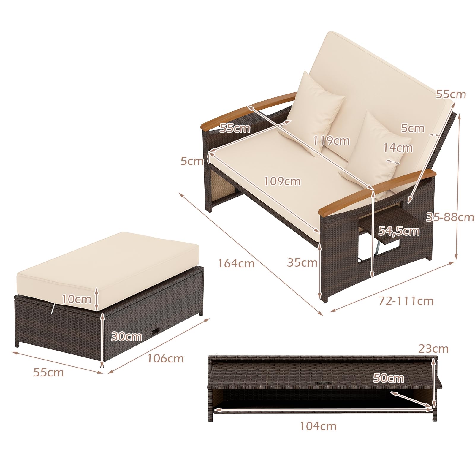 GIANTEX Divano da Giardino in Rattan a 2 Posti con Funzione Allungata, Set di Mobili in Rattan con Sgabello, Doppia Sedia a Sdraio per 2 Persone, 3 Colori (Cuscino Beige)