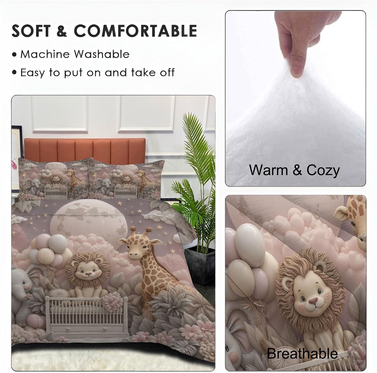 King Quilt Bedding Set with Shams, Children's Animals Washed Quilted Blanket Moon Lion Garden Pattern Lightweight Comforter, Microfiber Bedding Sets, Pink