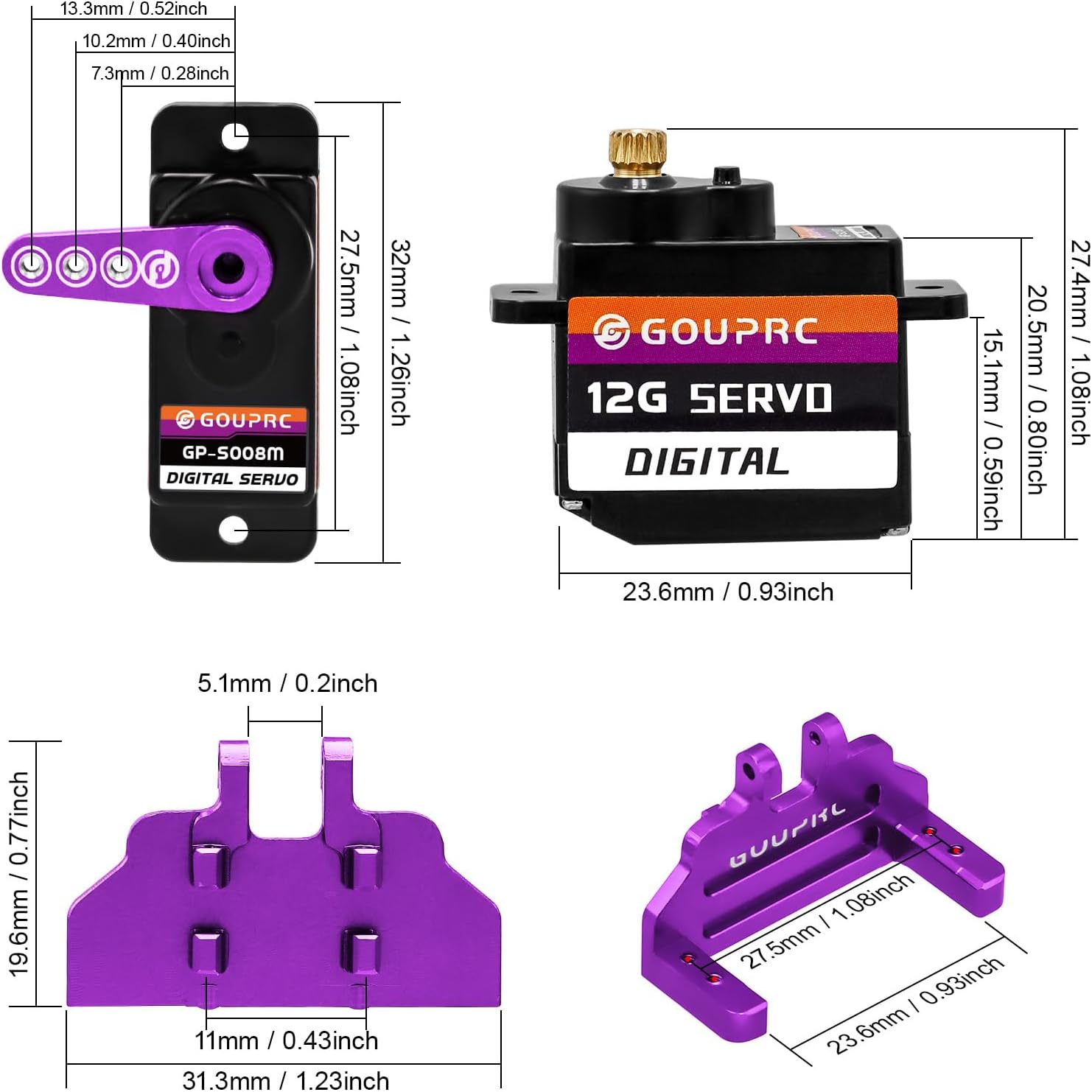 GOUPRC 12G RC Digital Micro Servo of Metal Steel Gear with Servo Mount Bracket & 25T Servo Horn for SCX24 Servo RC Car Upgrade Parts