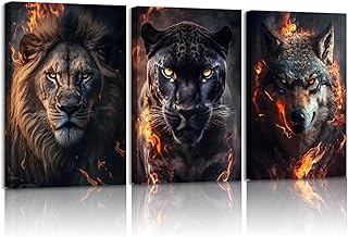 PUUZDGDZ 3 Pieces Lion Canvas Wall Art with Fire Flame Effect Wild Animal Wolf and Jaguar Wall Decor Pictures Modern Predator Painting for Living Room Bedroom Office Ready to Hang (12inx16in Canvas)