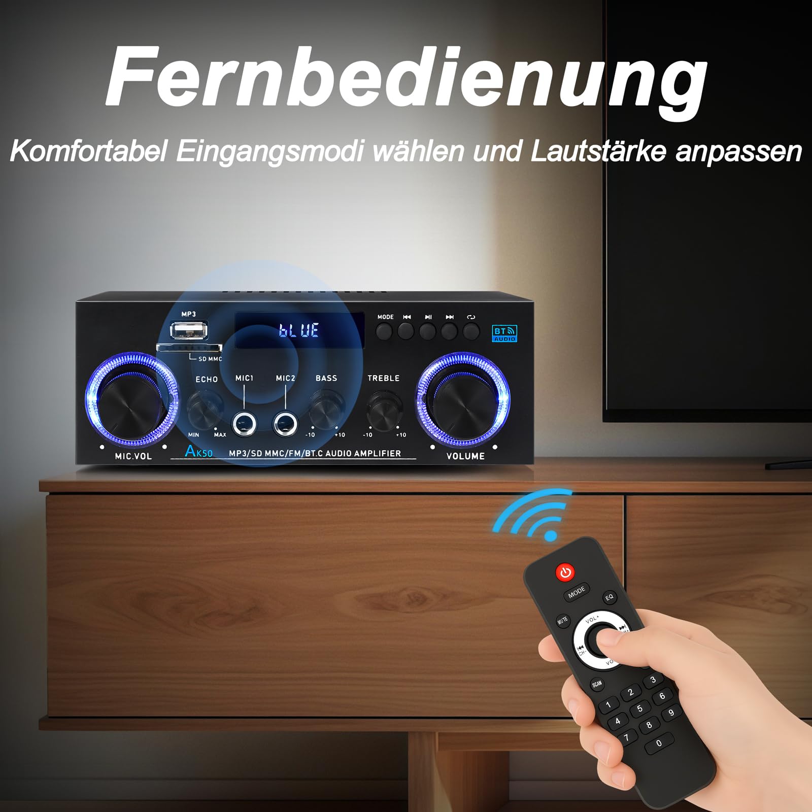 AK50 wzmacniacz HiFi, domowe audio, odbiornik stereo 400 W, domowy 2-kanałowy system wzmacniacza mocy Bluetooth 5.0, radio FM, USB, karta SD, z pilotem zdalnego sterowania, do głośników kina domowego