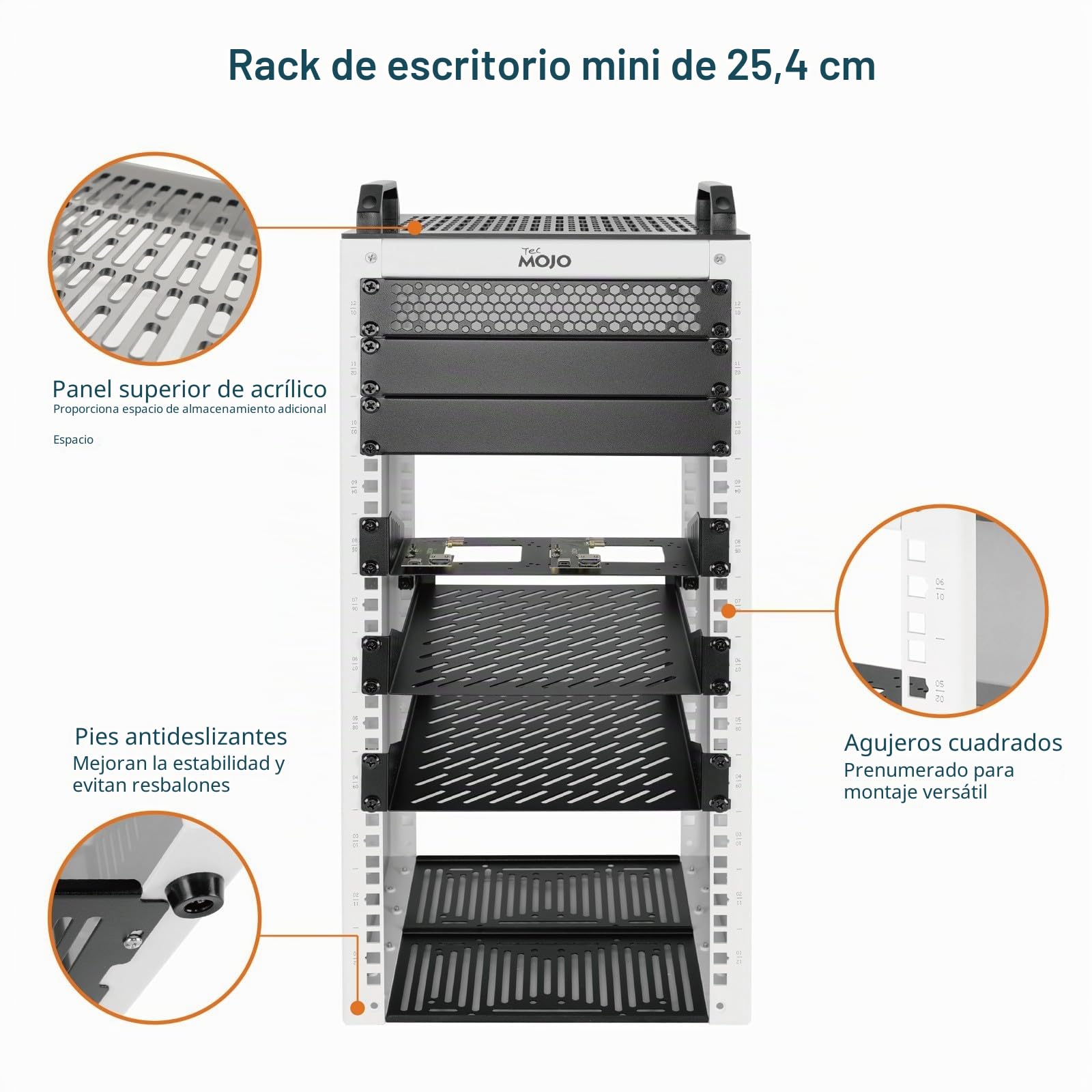 Tecmojo 10 Pulgadas 12U Mini Rack de Escritorio, 260mm de Profundidad, con Bandeja SBC, Placa Adaptadora Micro HDMI a HDMI y Cubierta Ciega, para Dispositivos AV, NAS y Servidores de 10", Blanco