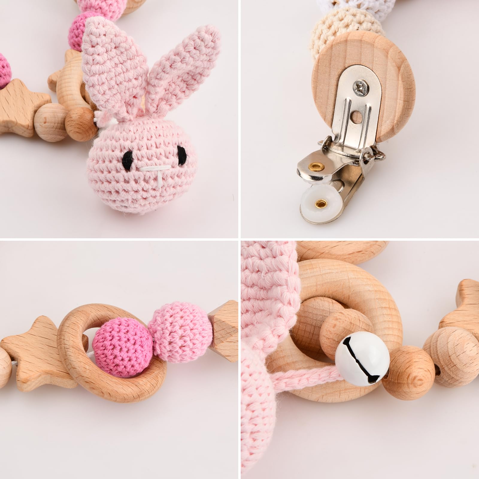 Catena per Passeggino in Legno e Uncinetto Simpatico Passeggino a Forma di Animale con Campanello per Bambini Bambina