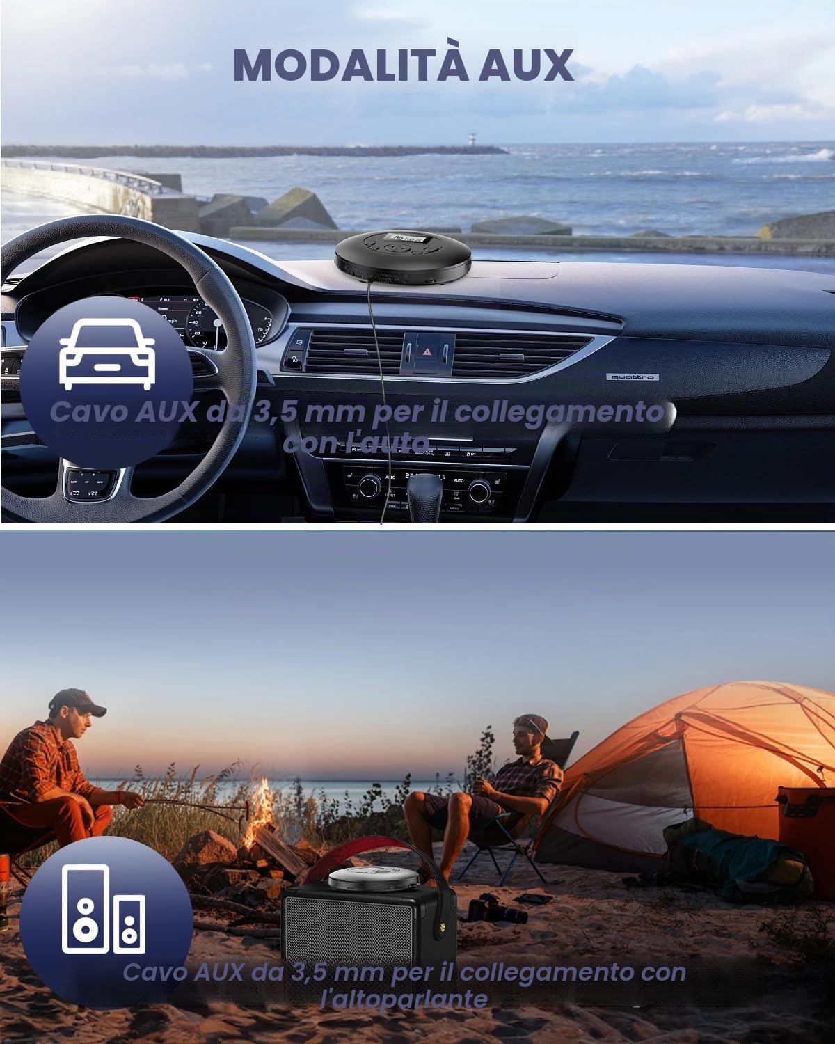 DESOBRY Lettore CD portatile, 7 ore di riproduzione della batteria, Discman con auricolare, Blocco di tenuta e funzione anti-salto, Lettore CD auto con AUX