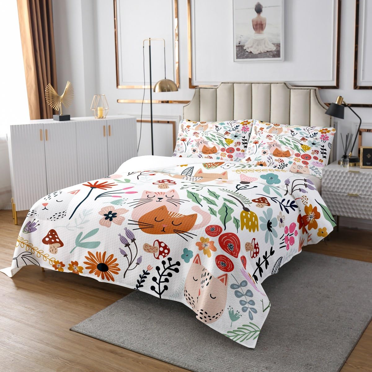 Homewish Couvre-lit 240x220 Chat de Dessin Animé pour Enfants Filles Garçons, Dessus de lit Feuilles Fleurs, Couverture de lit Animaux Mignons Chatons, Décoration de Chambre Kawaii