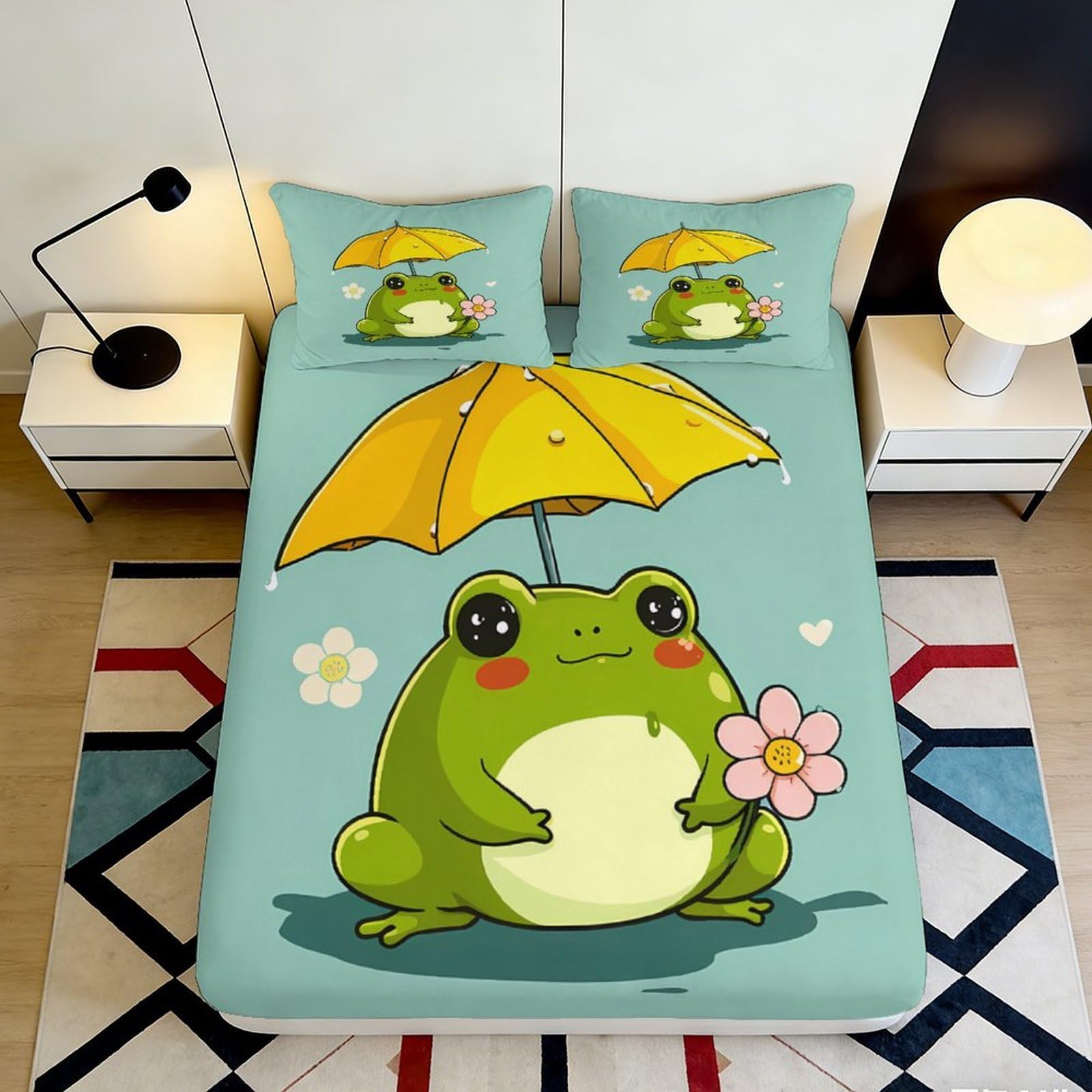 3D Printed Frog with Umbrella Fitted Sheet Microfiber Soft Mattress Cover Cartoon Flower Decor for Bedroom Dorm Room Easy Care 120x200x25cm