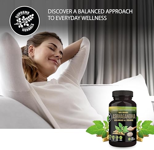 Miniatura 6 de Cápsulas orgánicas de Ashwagandha de 500 mg con KSM-66® y L-teanina, 120 cápsulas vegetales - Sin OMG, sin gluten, sin soja - Suplemento herbario