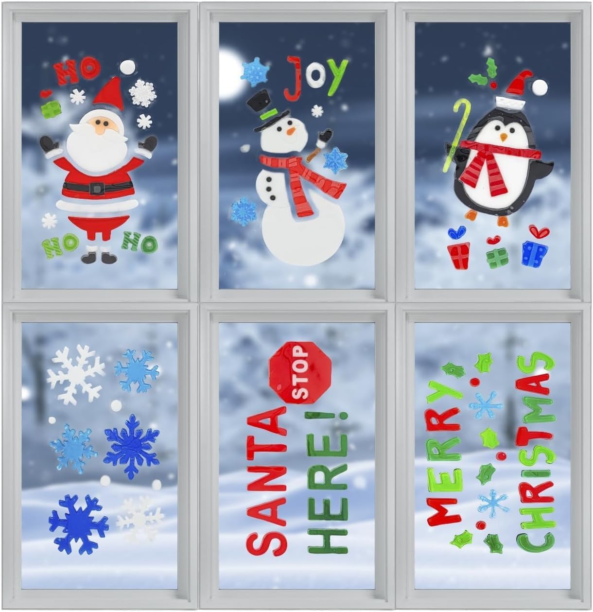 Set of 6 x Christmas Xmas Window Gel Jelly Stickers Decals Decorations