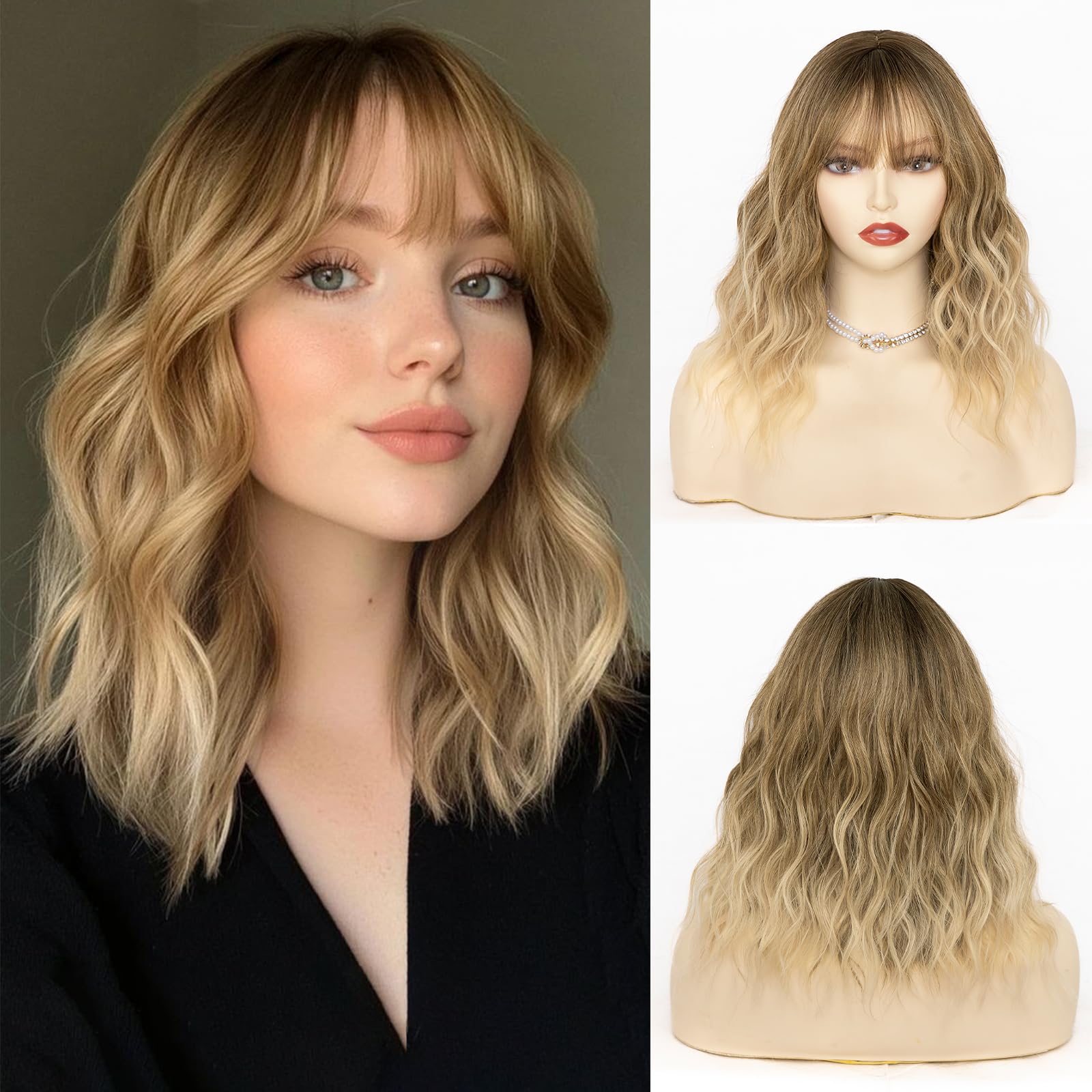 NAYOO Ombre Blonde Wig with Bangs, 14 Inch Bob Wig with Bangs for Women, Shoulder Length Short Wig, Glueless Short Wig