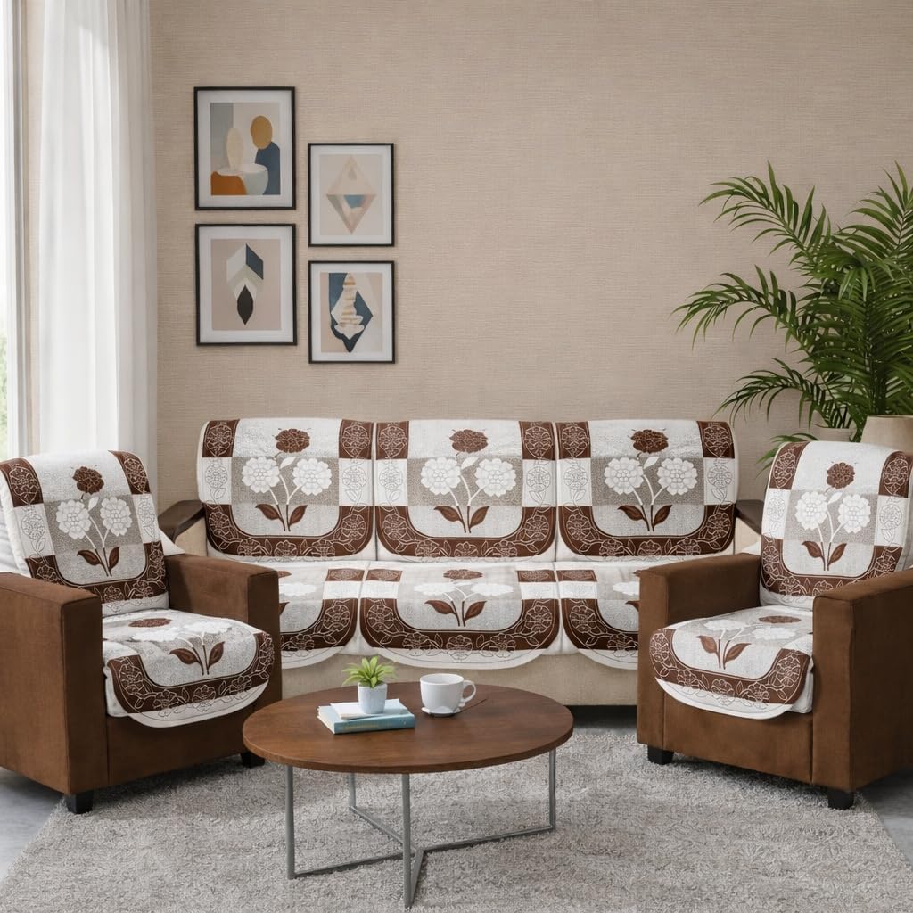 10 Piece Cotton Net Sofa Cover | Washable Protective Covers | Floral Design | Brown
