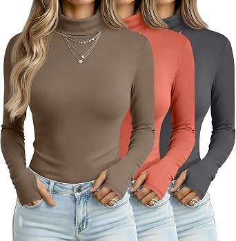 Oakgarden 3 Pack Women Long Sleeve Shirts | Turtleneck, with Thumb Hole, Slim Fit, Base Layer Tops, Mock Neck, Thermal, Ladies Underwears, Soft, Warm, Daily Wear