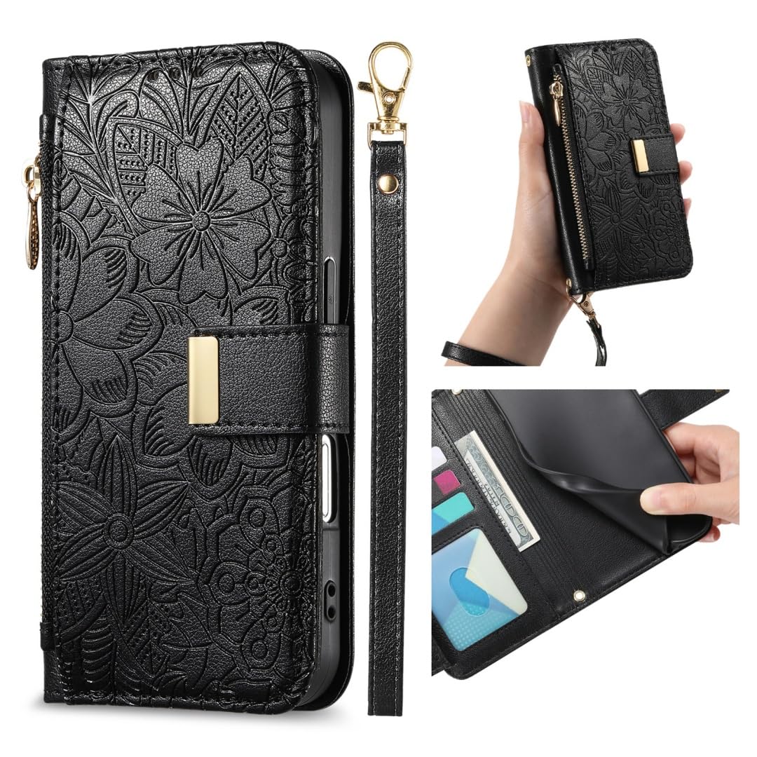 HOJODDO Shockproof Case for Blackview Wave 10/Wave 10C, Flower Cover is Premium Leather, Anti-fingerprints Anti-Slip Scratch, External Zipper Pocket. Black