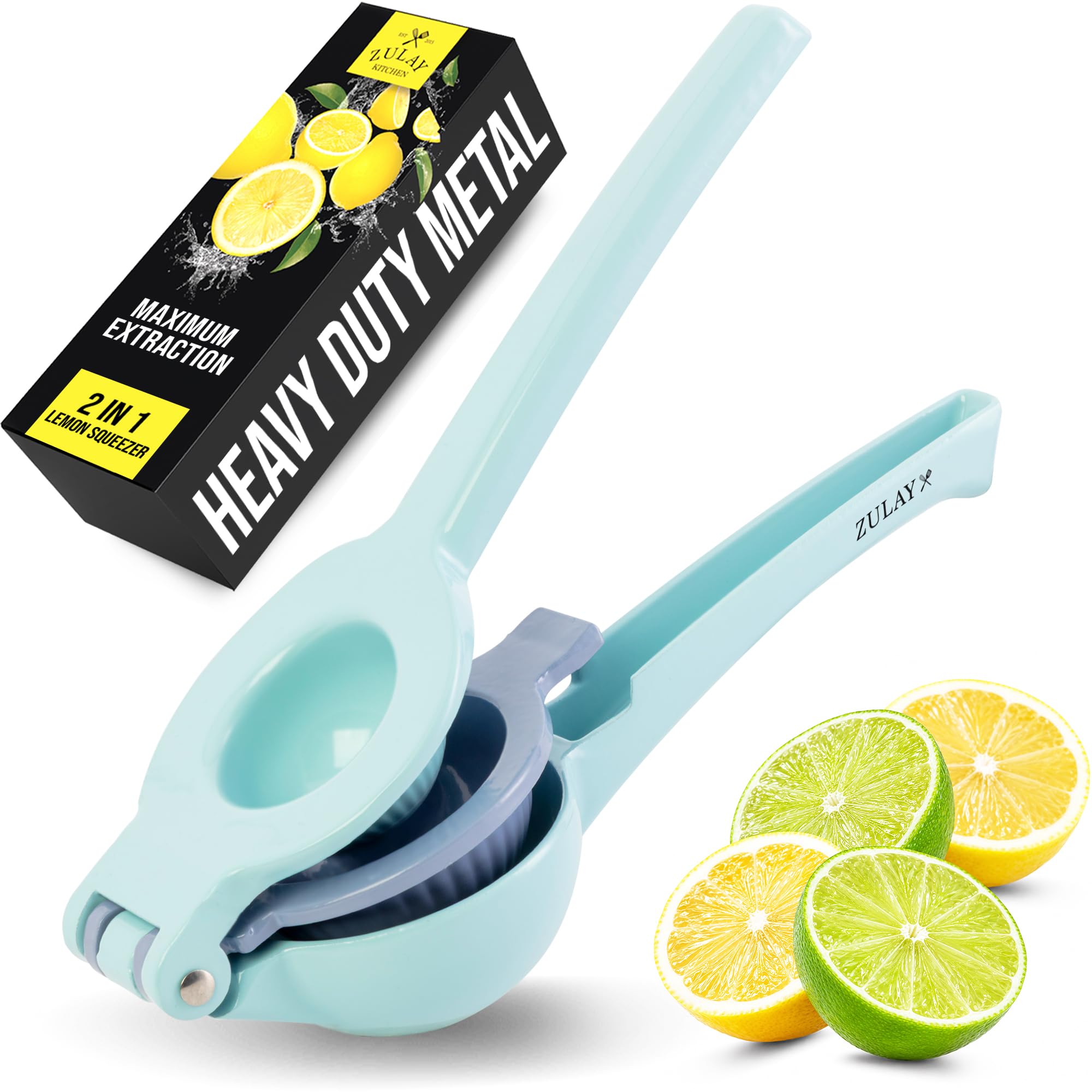 Zulay Kitchen Metal 2-in-1 Lemon Squeezer - Sturdy Max Extraction Hand Juicer Lemon Squeezer Gets Every Last Drop - Easy to Clean Manual Citrus Juicer - Easy-Use Lemon Juicer Squeezer - Blue/Purple