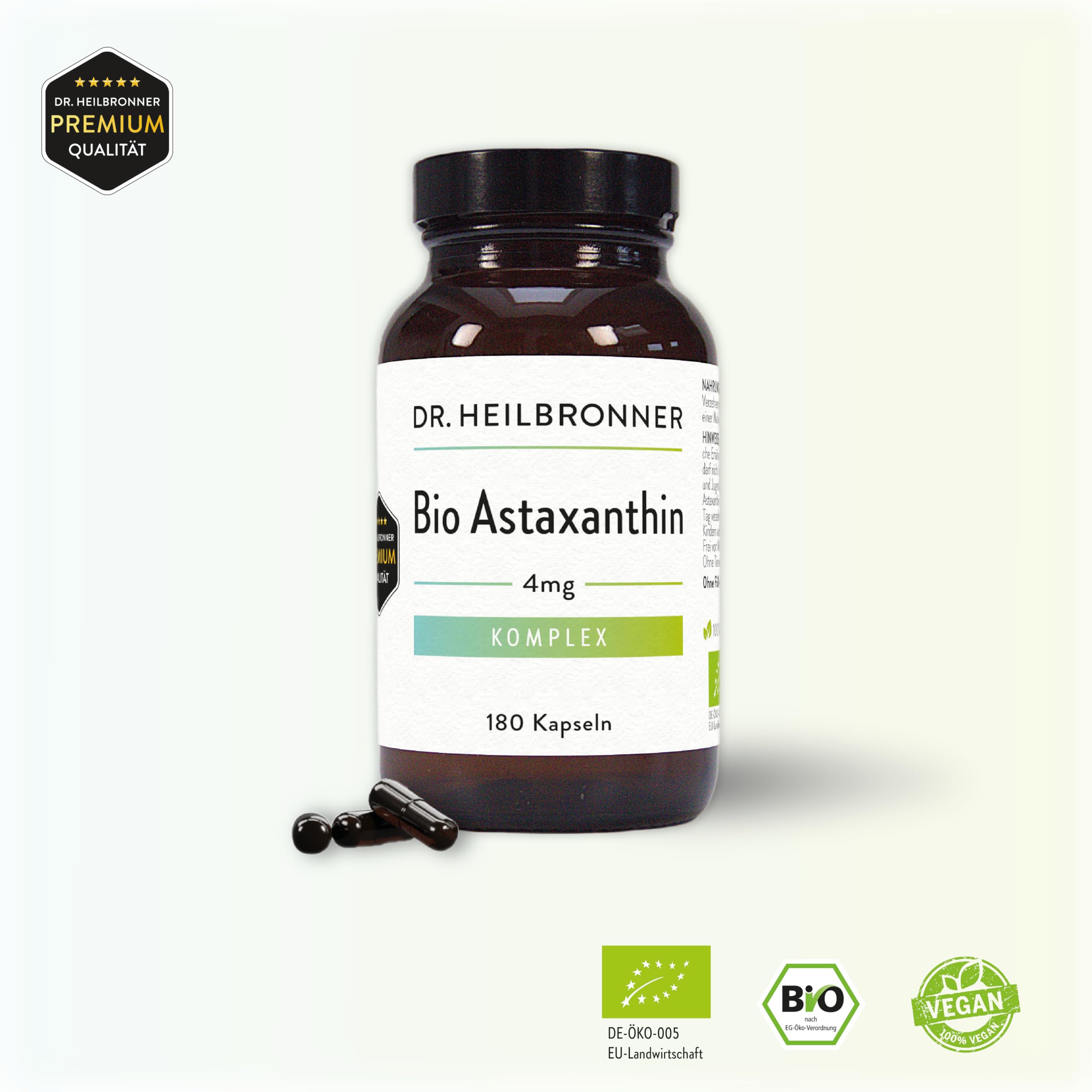 Dr. Heilbronner Bio Astaxanthin 4 mg Kapseln hochdosiert in der Glasflasche 180 Stk. I Antioxidantien aus der Vitalalge Haematococcus Pluvialis I Supplements Carotinoide vegan glutenfrei & lactosefrei