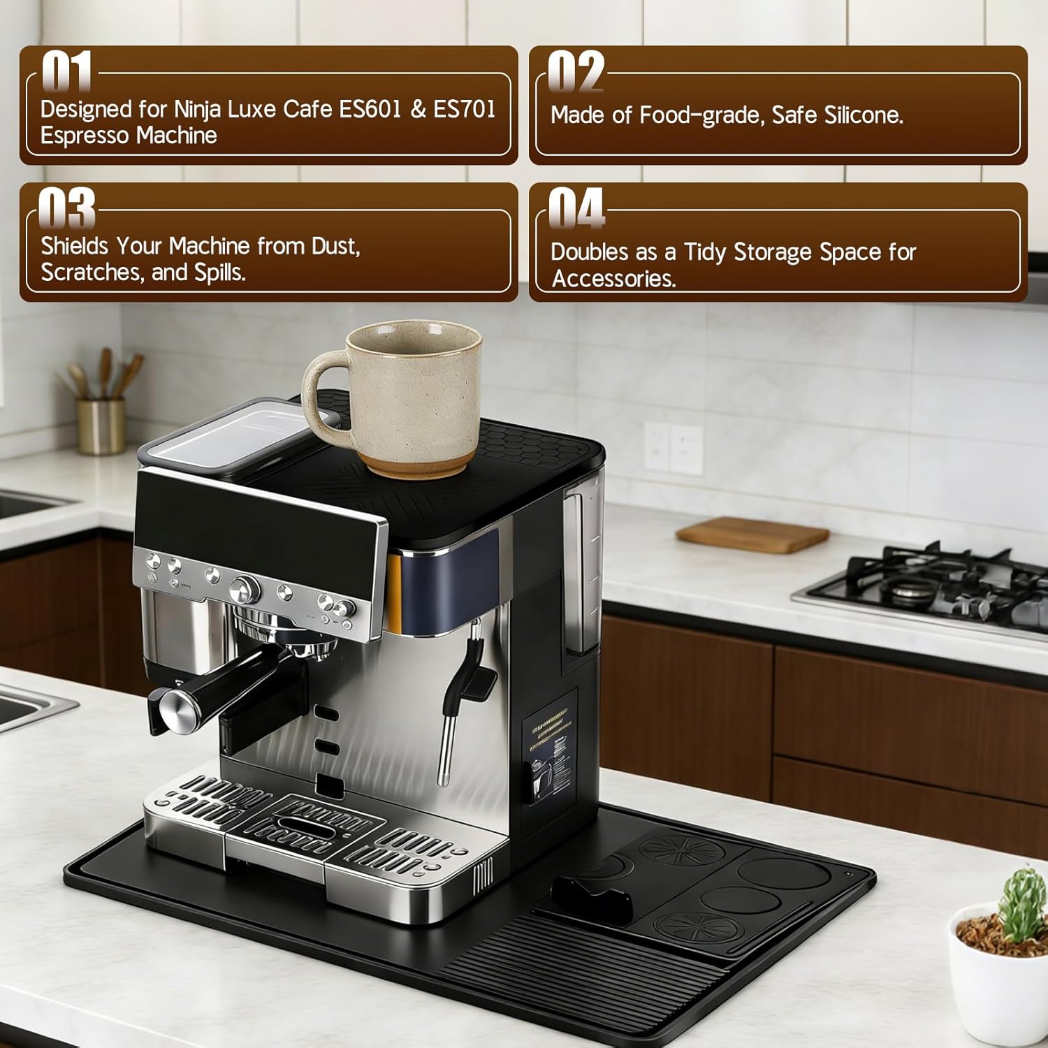 3-in-1 Silicone Mat Set for Ninja Luxe Cafe ES601 & ES701 Espresso Machine– Top Mat, Bottom Sliding Mat & Tamping Station Pad, Full Protection Non-Slip Coffee Machine Accessories (Black)