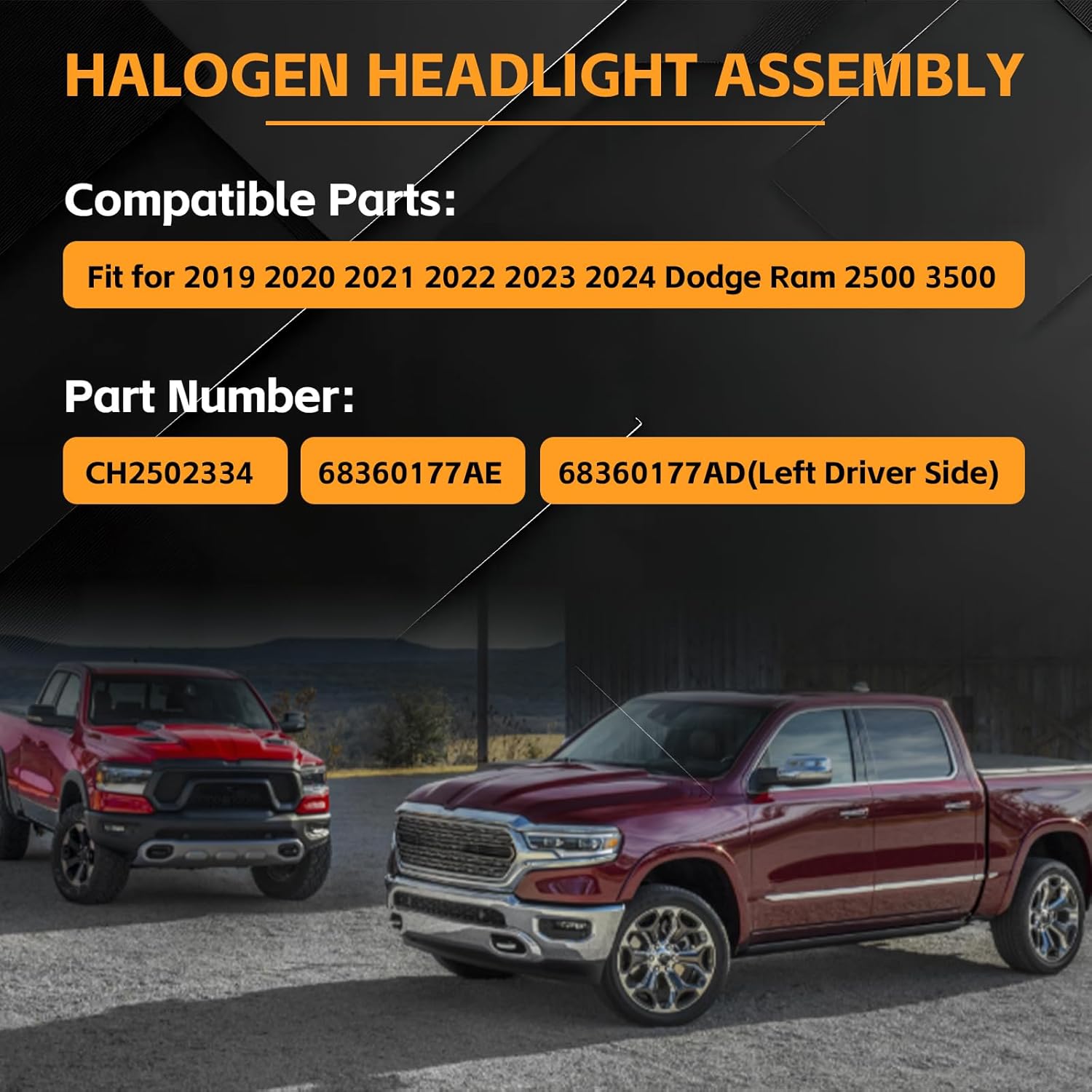 CH2502334 Halogen Headlight Assembly Compatible with 2019-2024 Dodge Ram 2500 3500 Chrome Headlamp Left Driver Side #68360177AE,68360177AD