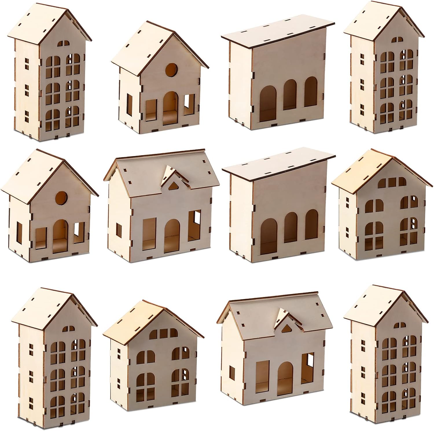 Sawysine 12 Pcs DIY Christmas Village Houses Wooden Crafts Rustic Christmas Houses Christmas Village Collection Farmhouse Indoor Room Table Decor, Art and Craft for Adult Kids Party