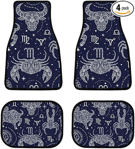 Astrological Symbols Dark Car Floor Mats Carpet 4 Piece All Weather Cow Lobster Automotive Mats Rubber Anti-Skid Floor Mats Car Decor Accessories Fit for Van Truck Cars