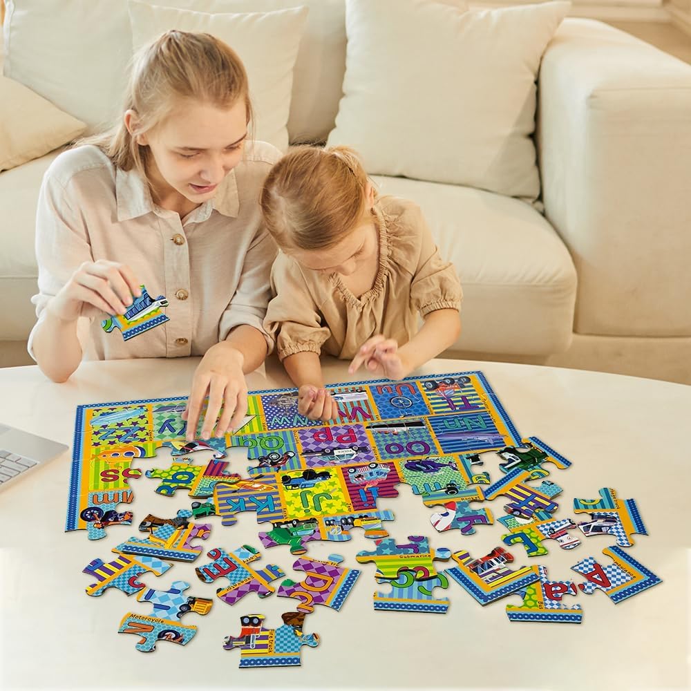 Floor Puzzle for Kids,48 Piece Transportation Letter A-Z Alphabet Puzzle,Vivid of Cartoon Design Letter Games for Preschoolers,Learn ABCs with Fun- Interactive Educational Toy for Ages 3+