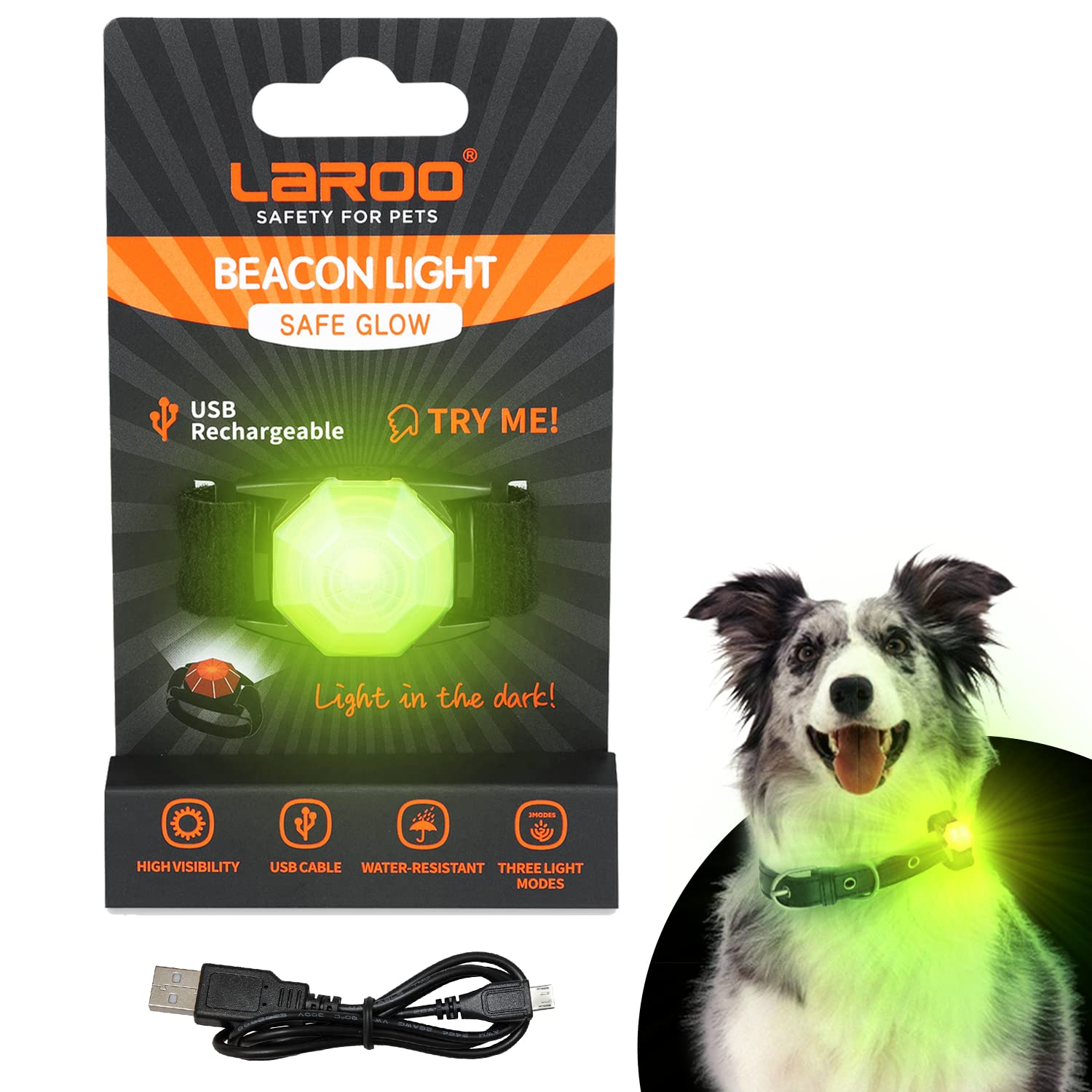 LaRoo Lumière LED clignotante de sécurité pour chien, chat, rechargeable par USB, veilleuse LED, collier étanche la nuit, promenade avec le chien en plein air, Silicone