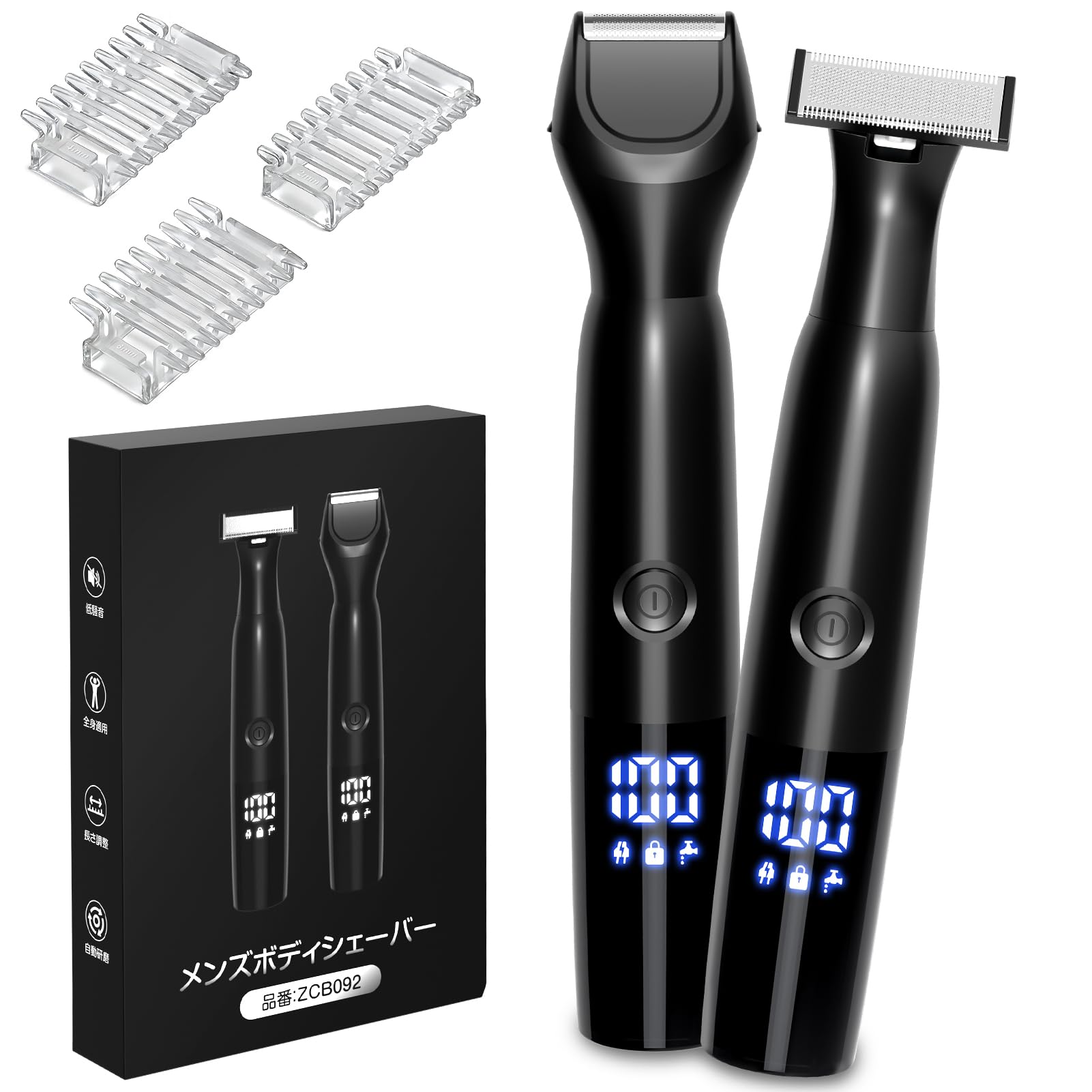 ボディシェーバー VIO シェーバー メンズ 残量表示 自動研磨 防水仕様 USB-C充電 むだげ処理 脇 腕 足 デリケートゾーン 全身適用 男性用 水洗い可 お風呂剃り可 リミットコーム付き