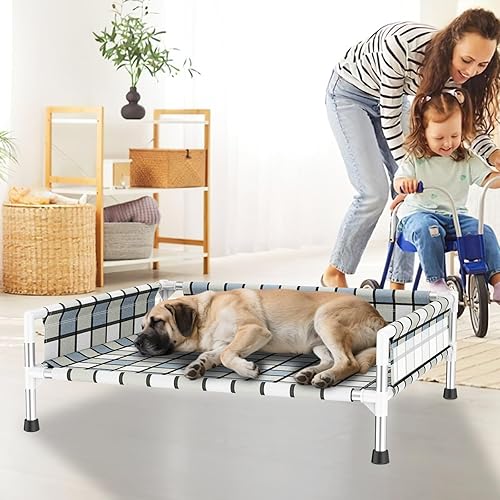Miniatura 7 de Cama elevada elevada para perros al aire libre  Cuna fresca y lavable con barandilla, cama de malla de algodón duradera y transpirable para mascotas